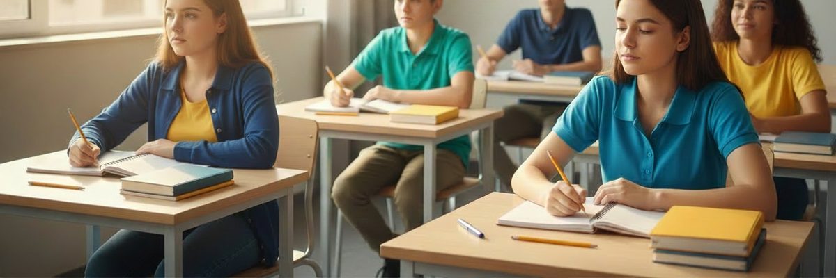 Estudantes sentados em carteiras de uma sala de aula, escrevendo em cadernos durante uma avalia&ccedil;&atilde;o